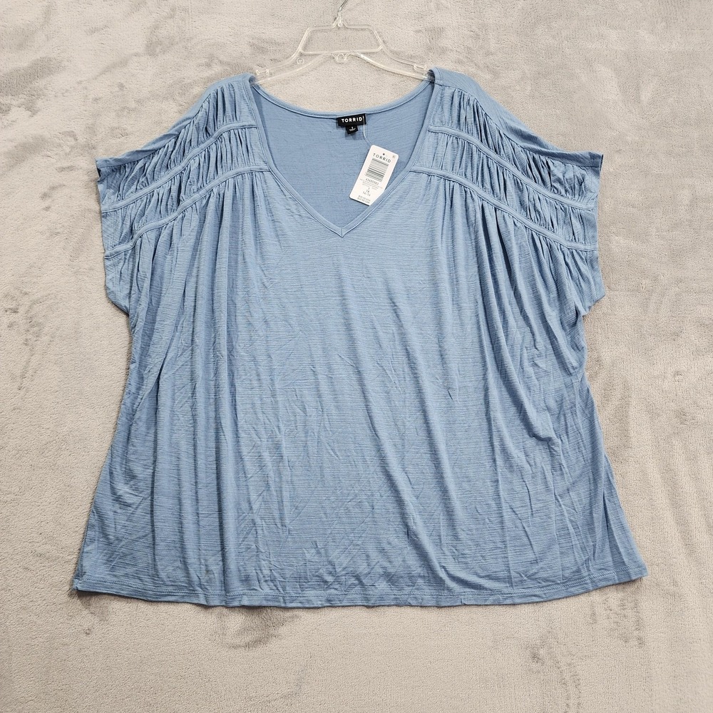 NEW Torrid Top Womens 1X Blue Knit Slub V-Neck Cinched‎ Yoke Dolman Tunic Tee
